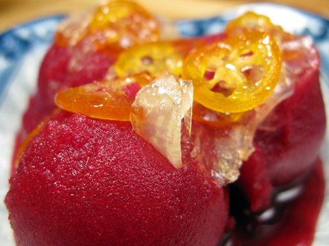 blood-orange-sorbet Blood Orange Sorbet with Candied Kumquats and Fennel
