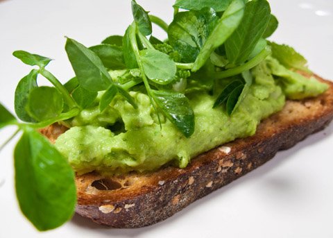 fava-crostini Fava and Pecorino Crostini with Mint and Pea Shoots